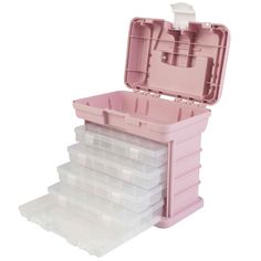 a pink plastic storage box filled with lots of containers