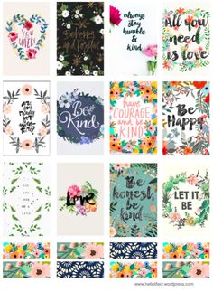 a collage of cards with flowers and words on them, all in different colors