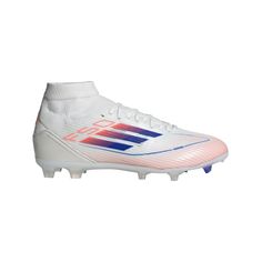 the adidas soccer shoe is white and blue with red stripes on the soles