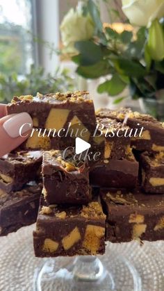 a person is holding some brownies on a glass plate