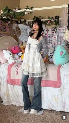 #aesthetic #igari #shoujooutfit #fyp Summer Outfits Y2k Aesthetic, Dress With Jeans Outfit Korean, Y2k Dress Over Jeans, Dress Over Pants Outfit Aesthetic, Dress On Top Of Jeans, W2e Concert Outfit, Laufey Outfit Ideas, Lamp Aesthetic Outfit, Dresses Over Jeans Aesthetic