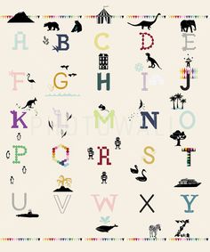 the alphabet is made up of different types of animals and letters, all in various colors