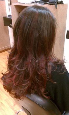 Brown Hair With Brown Red Highlights, Cherry Red Lowlights, Red Hilights Hair, Red Brown Hair Highlights, Red Highlights On Hair Brown, Red Hair And Haircut, Light Brown Hair With Dark Red Highlights, Hair Red Highlights For Brown Hair, Medium Haircut With Highlights