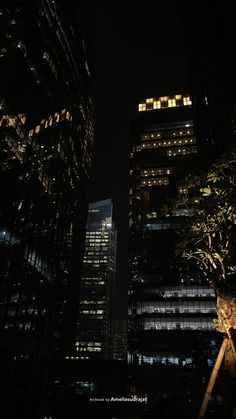 the city skyline at night with skyscrapers lit up and trees in the foreground