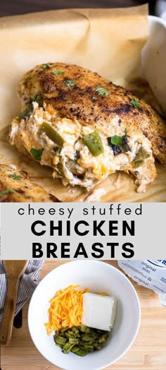 chicken breast with cheese and green beans in a white bowl