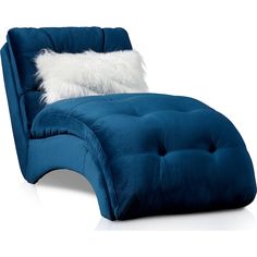 a blue chaise lounge chair with a white pillow on it's backrest