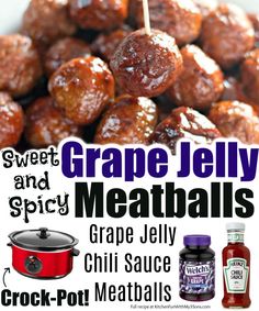 the recipe for grape jelly meatballs is shown in this ad with text overlay