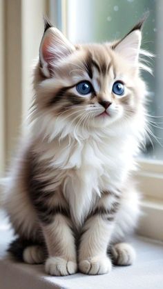 a kitten with blue eyes sitting on a window sill