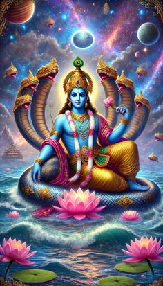 the hindu god sitting on top of a lotus flower in front of a body of water