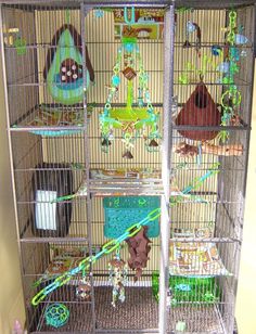 a bird cage filled with lots of birds in it