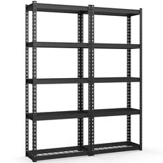 an empty metal shelving unit with four shelves on one side and three rows on the other