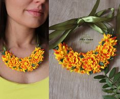 a woman wearing a yellow top and flowers in front of her face, next to a wreath made out of fake flowers