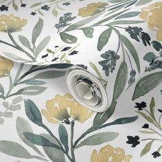 a floral wallpaper with yellow and green flowers on white background, showing the pattern