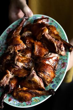 a person holding a plate with chicken on it