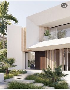 an architectural rendering of a house with palm trees in the foreground and stairs leading up to it