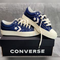 Converse Unisex Shoes. Size: 5.5 Women Size: 4 Men Color: Navy/ Vintage Blue And White. Blue Shoes With White Star And White Stripe , White Insoles. Blue And White Converse, Classic Blue Converse Sneakers, Navy Blue Converse, Blue Converse High-top Sneakers For Sports, Blue Converse Low-top Skate Shoes, Blue Converse Canvas Sneakers, Blue Converse, Vintage Blue And White, Unisex Shoes