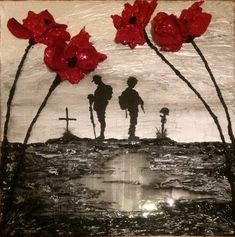 a painting with red flowers on it and two people standing in the water next to each other