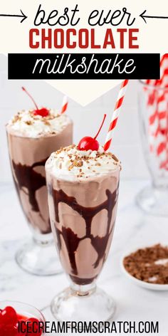 two glasses filled with chocolate milkshake and topped with whipped cream and cherries