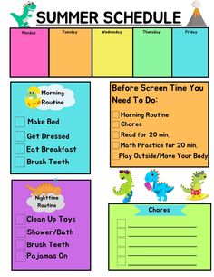 a printable summer schedule for kids with dinosaurs and other things to do in the background