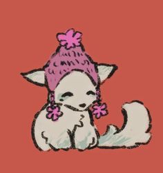 a drawing of a cat with a pink hat on it's head sitting down