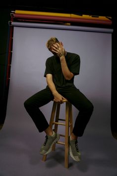 Stool, studio photography, posing, male model Sitting On A Stool Reference, Men Chair Poses, Male Stool Pose, Chair Photoshoot Posing Ideas Men, Stool Photoshoot Photo Ideas Men, Stool Poses Photography Men, Sitting On Barstool Poses, Chair Poses Photography Men