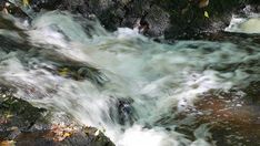 the water is rushing down the rocks in the stream, and there are leaves on the ground