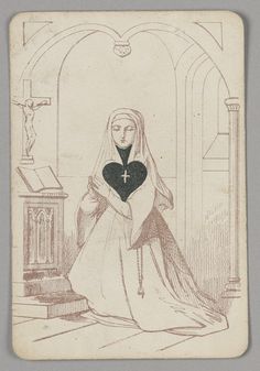 an old drawing of a nun holding a heart in her hands and standing next to a cross