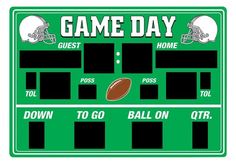 a game day poster with footballs and helmets on it