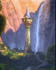 a painting of a tower in the middle of a mountain with waterfall coming out of it