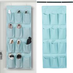 the shoe organizer is hanging on the wall