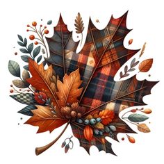 an autumn leaf with leaves and berries on it's side, painted in watercolor