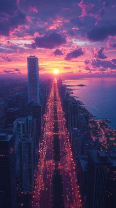 "Chicago Summer Evening: Iconic Aerial View in Vibrant Impressionist Style" Organic Photography, Sunset Hues, Urban Beauty, Chicago City, Chicago Skyline, The Windy City, Famous Landmarks, Impressionist Art, Windy City