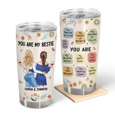 two personalized tumblers with the words you are my bestie and images of women on them