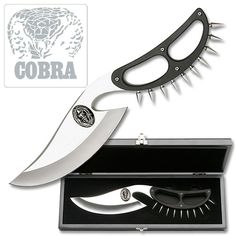 an open box with a knife in it next to a black and white object that says cobra