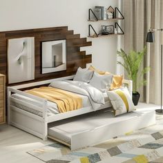 a bedroom with a bed, dresser and mirror