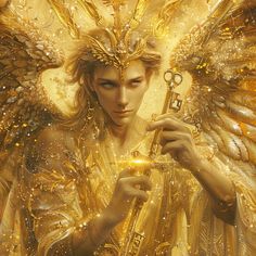 an angel holding a golden key in his hand