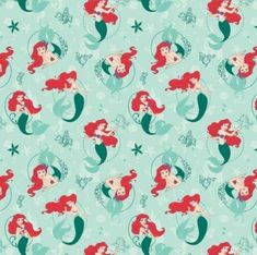 the little mermaids are swimming in the ocean together on this aqua green background with stars and