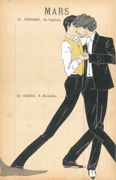 an illustration of two men in tuxedos walking