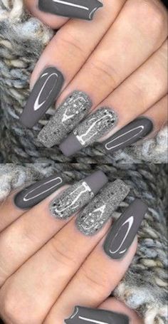 #Grey #Nail #Art #Design Purple Glitter Nails, Unghie Nail Art, Purple Acrylic Nails, Purple Nail Designs, Silver Nail, Glamour Nails, Fall Acrylic Nails, Gray Nails