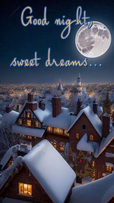 a snowy night with the words good night sweet dreams