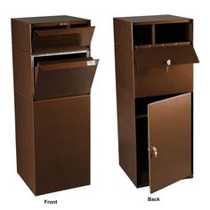 two brown metal mailboxes side by side