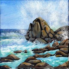 a painting of some rocks in the water