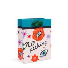 a paper bag with flowers and stars on it that says no pecking in black lettering