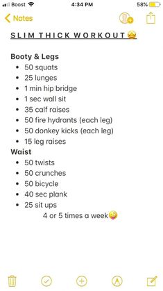 a workout plan with the words slim and thick workouts on it's side