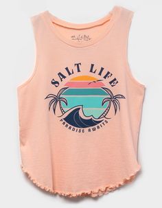 Salt Life Paradise Bound Tank Top. The Paradise Bound Youth Tank Top Is A Must Have For A Spring Wardrobe! Made From Ultra Soft 130-Gram Cotton, This Salt Life Kids Tank Is Soft To The Touch And Comfortable For All Day Wear. Lettuce Hem Bottom. Ribbed Neckline. Front Screenprint Logo. Relaxed Fit. 100% Cotton. Machine Wash. Imported. | Salt Life Paradise Bound Girls Tank Top Kindergarten Wardrobe, Cotton Shorts Outfit, Girls Tank Top, Flannel Sweatshirt, Lettuce Hem, Tanktop Girl, The Paradise, Salt Life, Open Knit Sweater