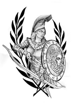 a black and white drawing of a woman in armor holding a shield and two swords