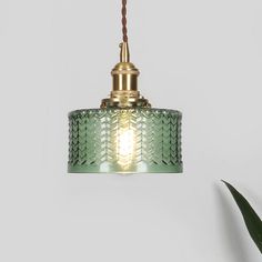 a green glass pendant light hanging from a gold colored ceiling fixture next to a potted plant