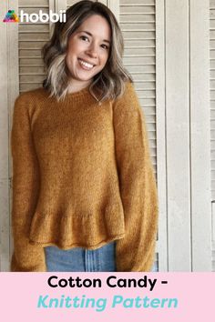 a woman wearing a yellow sweater with the words cotton candy knitting pattern