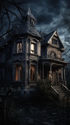 an old creepy house is lit up at night