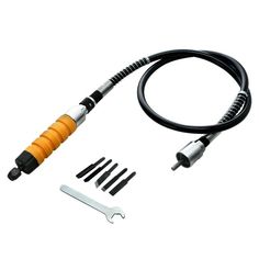 an orange and black hose is attached to the side of a white wall with tools